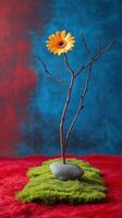 Bright yellow flower blooms atop a minimalist arrangement in vibrant colors photo