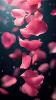 Delicate pink rose petals gracefully falling in a serene setting with soft light photo