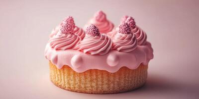 Delightful pink frosting cake with decorative swirls and accents on a soft background photo