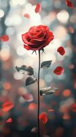 Beautiful red rose amidst scattered petals creating a romantic atmosphere in a tranquil setting photo