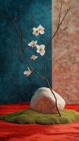 Delicate cherry blossom branch with white flowers placed on a textured surface with greenery and stone accents photo