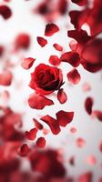 Red rose surrounded by floating petals creates a romantic atmosphere in a serene setting photo
