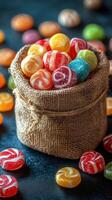 Colorful assortment of candies in a burlap sack with scattered treats on a dark background photo