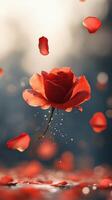Beautiful red rose surrounded by falling petals over a sparkling surface at sunset photo