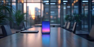 Modern smartphone on table in office during sunset with laptop in foreground photo