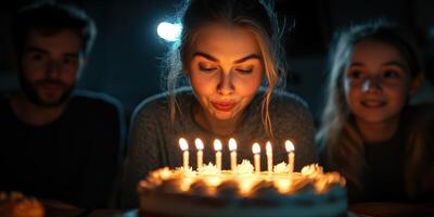 Woman celebrates birthday with friends while blowing out candles on cake in dimly lit room photo