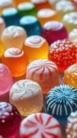 Colorful assortment of candy displayed close-up in vibrant hues and patterns during a playful treat time photo
