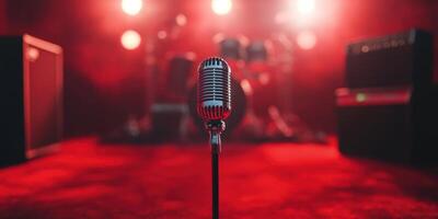 alta calidad micrófono en un vibrante ajuste con brillante luces y musical instrumentos en etapa foto