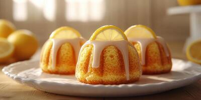 Delicious lemon desserts displayed on a white plate under soft natural light photo