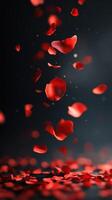 Red rose petals gently falling in a soft light creating a romantic atmosphere during a quiet evening photo