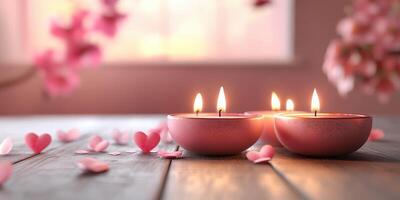 Beautiful pink candles flickering softly among heart-shaped petals in a cozy indoor setting photo