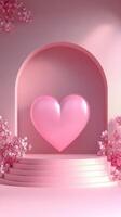 Heart-shaped sculpture in a pastel pink setting with cherry blossoms during a serene daytime atmosphere photo