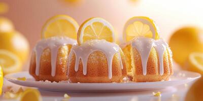 Delicious lemon bundt cakes with icing and lemon slices on display at a bright, cheerful setting photo