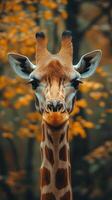 Giraffe gazes curiously in a serene autumn setting with vibrant orange foliage photo