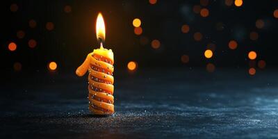 Brightly lit number one candle celebrating a birthday with sparkles on a dark background photo
