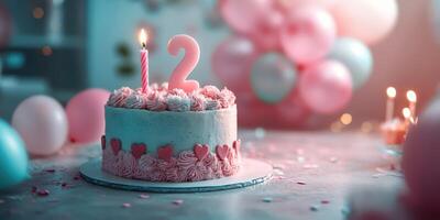 Birthday celebration with pink cake and colorful balloons for a special occasion in a cozy setting photo