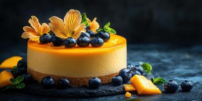 Delicious mango cheesecake topped with blueberries and decorative flowers on a dark surface photo