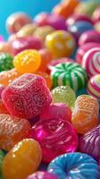 Colorful assortment of candies displayed on a bright background during an event celebrating sweets and treats photo