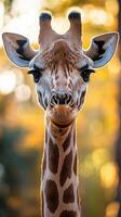 Majestic giraffe gazes calmly in a serene setting with golden autumn hues in the background photo