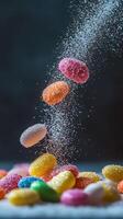 Colorful candy pieces fall through a cloud of powdered sugar in a sweet moment captured indoors photo