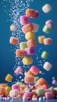 Vibrant candy assortment cascading through the air creates a playful and colorful display against a blue background photo