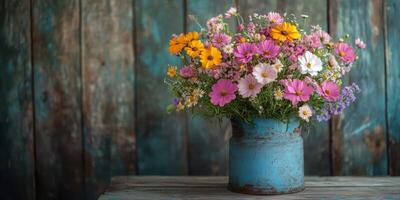 Vibrant summer bouquet in an aged blue pot against rustic wooden backdrop photo