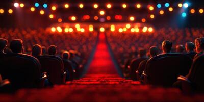 People seated in a vibrant theater watching a captivating performance during an evening show photo