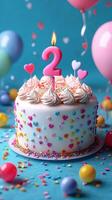 Colorful birthday cake decorated with hearts and a number two candle for a joyful celebration photo