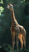 Giraffe stands majestically under dappled sunlight in lush greenery during golden hour at a wildlife sanctuary photo