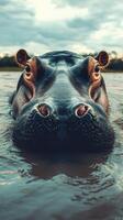 Hippo emerges in serene waters at dusk, showcasing its formidable presence in a natural habitat photo