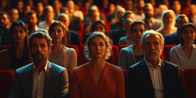 Audience watches intense performance at theater during evening event with vibrant lighting photo
