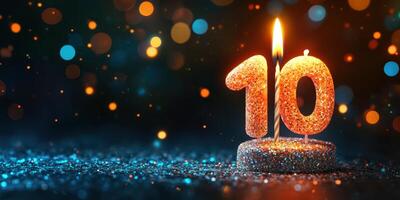 Celebration of a special milestone with a sparkly ten candle illuminating a dark backdrop filled with bokeh lights photo