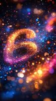 Vibrant glowing number six displayed in sparkling bokeh with colorful lights on a dark background photo