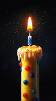 Colorful birthday candle with bright flame and sprinkles against dark background photo
