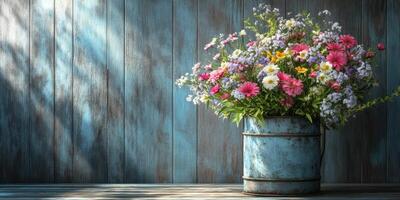 Colorful wildflowers arranged in a rustic metal bucket on a weathered wooden surface photo