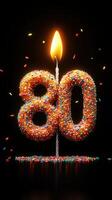 Celebrating an 80th birthday with a vibrant cake candle and colorful confetti in a festive atmosphere photo