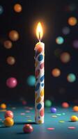 Vibrant birthday candle glowing amidst colorful confetti and balloons in a festive celebration setting photo