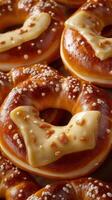 Freshly baked pretzels topped with creamy frosting and crunchy bits ready for tasting at a bakery photo