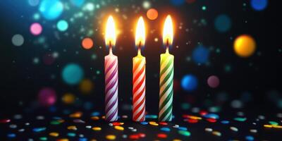 Colorful candles with flames illuminate a festive background of party decorations and bokeh effects at a celebration photo