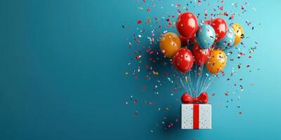 Colorful balloons burst forth from a gift box against a vibrant background during a celebration photo