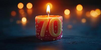 Celebratory candle marking a milestone birthday with golden number seventy and soft glowing lights in the background photo