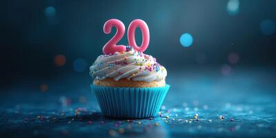 Celebratory cupcake with pink number candles for a 20th birthday party on a blue background photo