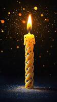 Twisted yellow candle with shimmering particles illuminating a dark background creates a warm and inviting atmosphere photo
