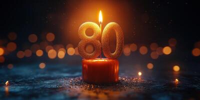 Celebrating an 80th birthday with a glowing candle and shimmering numbers at a festive gathering photo