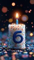 Colorful birthday candle with number six surrounded by confetti in a festive setting photo