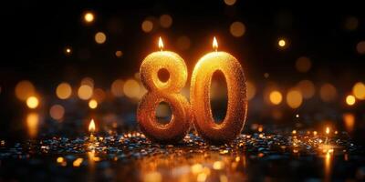 Celebration of an 80th birthday with glowing candles and festive decorations in a dimly lit setting photo