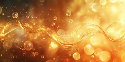 Golden sparkling liquid flowing in an abstract background with bubbles and light reflections during the evening photo