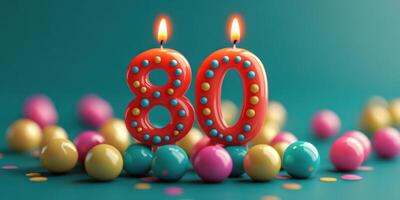 Festive candles celebrating an 80th birthday with vibrant colors and joyful decorations photo