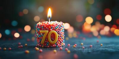 Colorful birthday candle with number 70 surrounded by festive decorations highlighting a special celebration photo