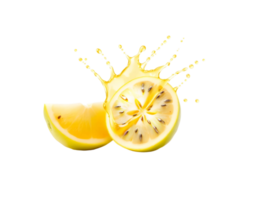 Sliced lemon and juice splash isolated on transparent background png